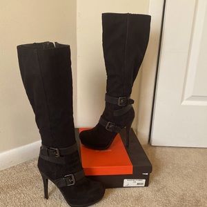 Calf high side zip up faux suede/leather high heel